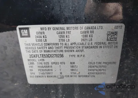 2012 GMC Terrain Sle-2 из США, поврежденный, VIN 2GKFLTE53C6278236